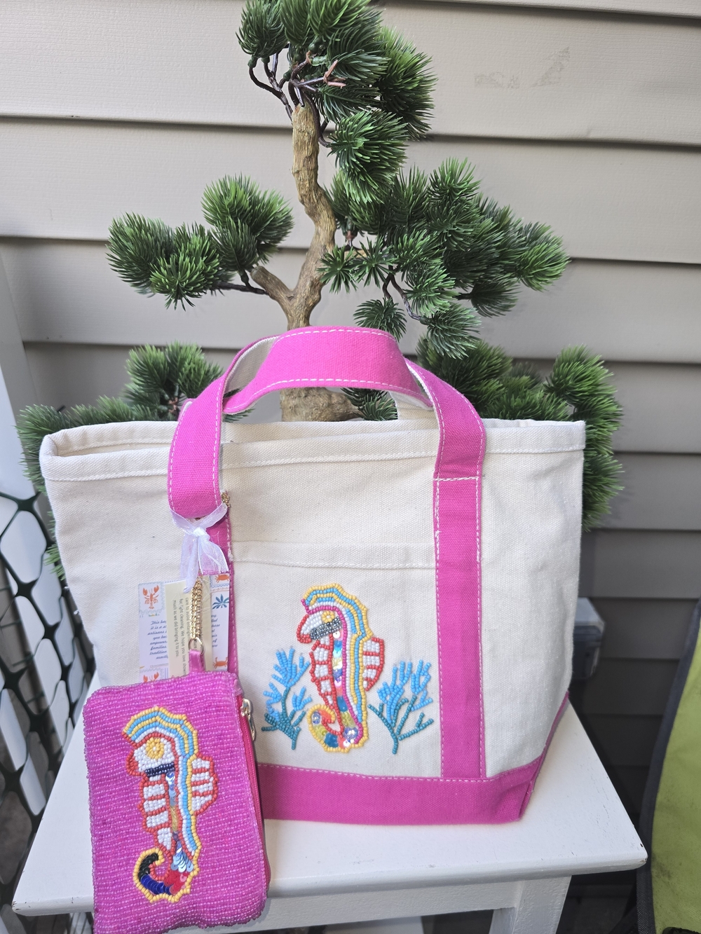Hand Crafted Cream Tote with Bright Pink Trim and Seahorse Embroidery